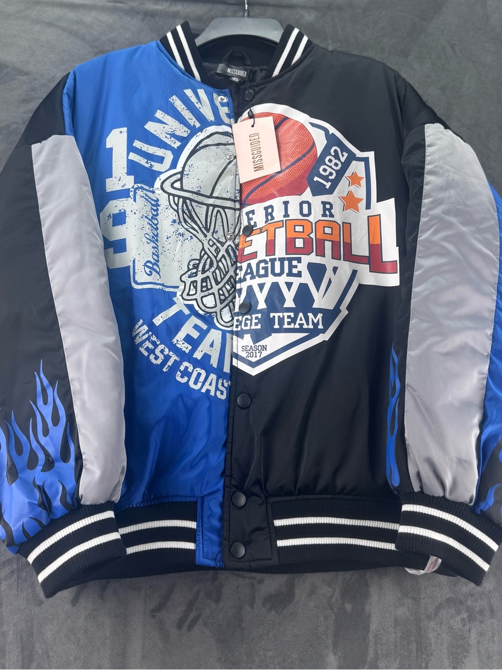 New Missguided Blue & Black Basketball women’s Graphic Bomber Jacket size US 4